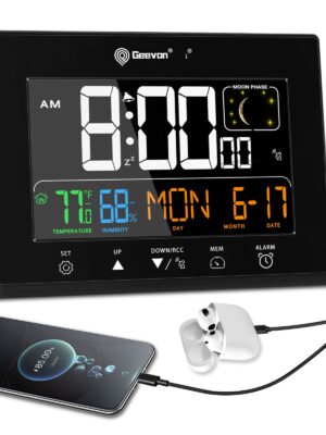 Geevon Digital Atomic Alarm Clocks for Bedrooms with Battery Backup, HD Color Display Atomic Lock with Backlight, 2 USB Ports, Indoor Temperature and Humidity, Moon Phases, Time, and Calendar