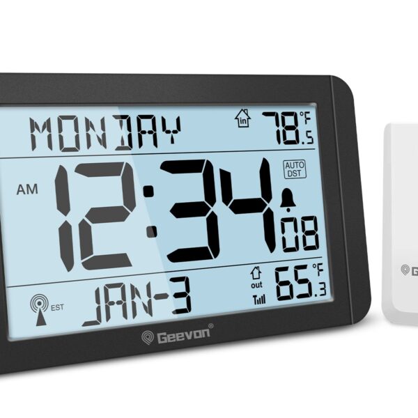 Geevon 10.8'' Atomic Clock with Indoor Outdoor Temperature, Large  Display Digital Wall Clock with Wireless Sensor,  for Bedroom, Office, Kitchen, Living Room, Easy for Seniors to Read