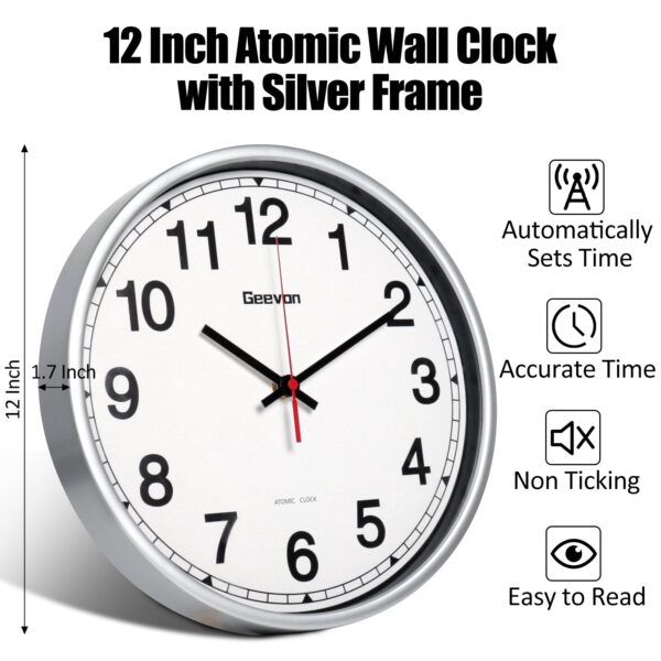 Geevon 12 Inch Atomic Analog Wall Clock, Sets Automatically Wall Clock Battery Operated, Easy to Read Atomic Clock for Kitchen/School/Classroom/Living Room