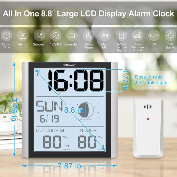 Geevon Digital Atomic Wall Clock with Moon Phase and Backlight, Silent Non-Ticking Atomic Clock with 8.8 Inch Large Display, Indoor Outdoor Temperature, Calendar for Home Office Bedroom Kitchen