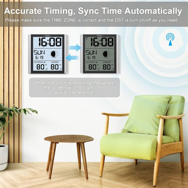 Geevon Digital Atomic Wall Clock with Moon Phase and Backlight, Silent Non-Ticking Atomic Clock with 8.8 Inch Large Display, Indoor Outdoor Temperature, Calendar for Home Office Bedroom Kitchen