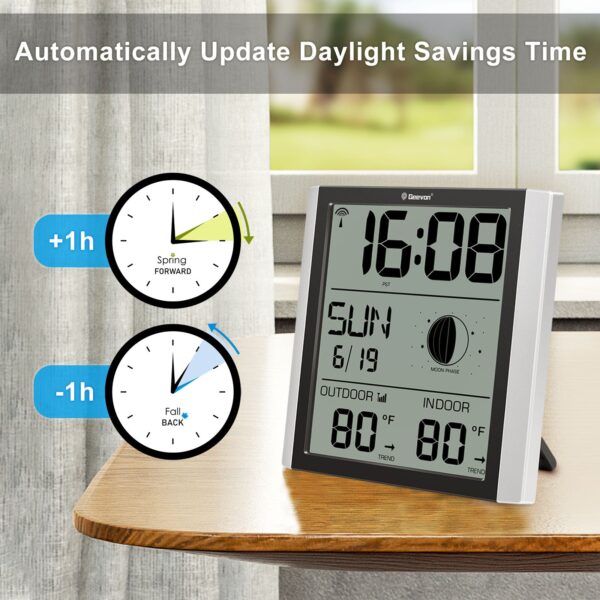 Geevon Digital Atomic Wall Clock with Moon Phase and Backlight, Silent Non-Ticking Atomic Clock with 8.8 Inch Large Display, Indoor Outdoor Temperature, Calendar for Home Office Bedroom Kitchen