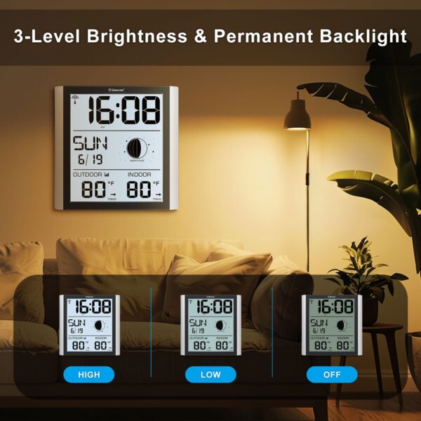 Geevon Digital Atomic Wall Clock with Moon Phase and Backlight, Silent Non-Ticking Atomic Clock with 8.8 Inch Large Display, Indoor Outdoor Temperature, Calendar for Home Office Bedroom Kitchen
