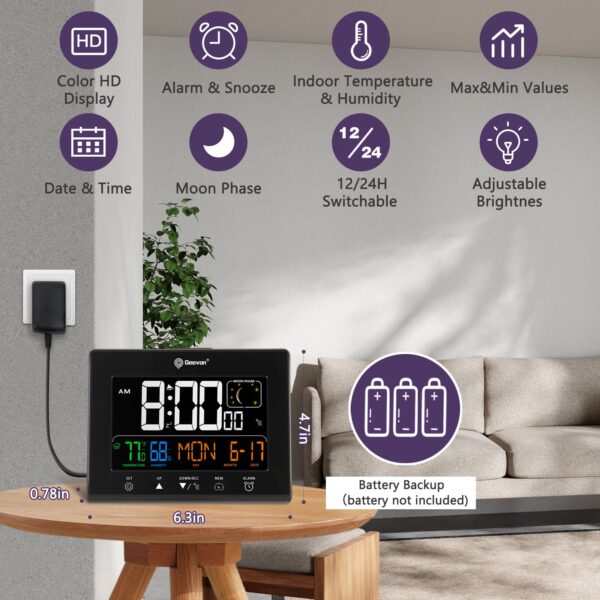 Geevon Digital Atomic Alarm Clocks for Bedrooms with Battery Backup, HD Color Display Atomic Lock with Backlight, 2 USB Ports, Indoor Temperature and Humidity, Moon Phases, Time, and Calendar