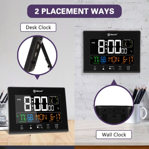 Geevon Digital Atomic Alarm Clocks for Bedrooms with Battery Backup, HD Color Display Atomic Lock with Backlight, 2 USB Ports, Indoor Temperature and Humidity, Moon Phases, Time, and Calendar